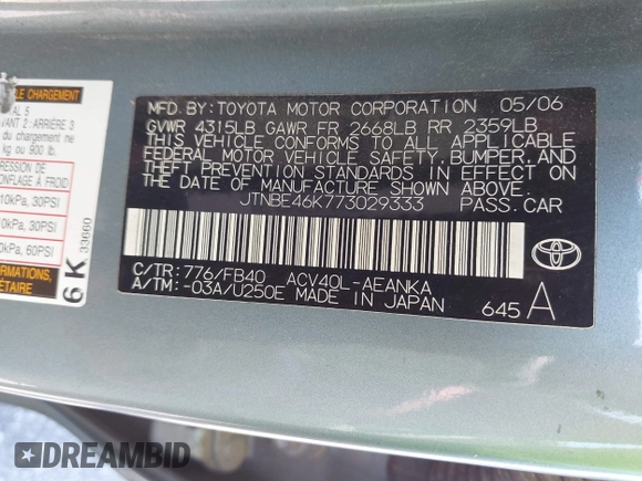 2007 Toyota Camry CE with VIN JTNBE46K773029333, listed as a IAAI auction lot 42049061 with 148,600 mi miles. Bid and sale history available at carsss.com. Image 9.