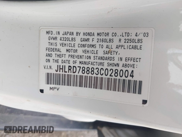 2003 Honda CR-V EX z VIN JHLRD78883C028004, wystawiony jako IAAI lot #42421543 z przebiegiem 215 871 mil mil oraz . Historia ofert i sprzedaży dostępna na DreamBid. Obrazek 9.