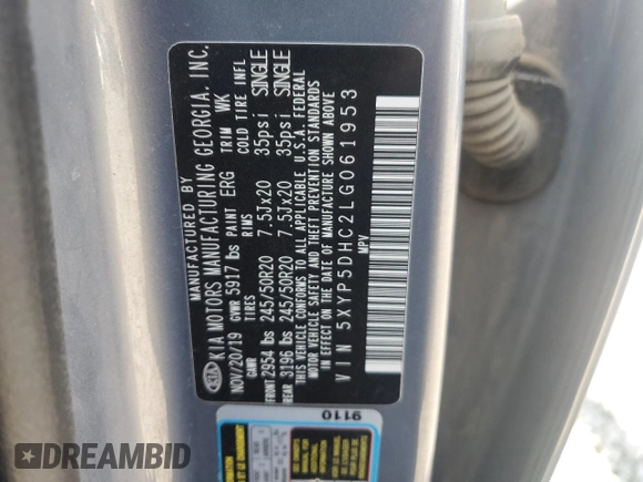 2020 Kia Telluride SX with VIN 5XYP5DHC2LG061953, listed as a Copart auction lot 62049085 with 77,410 mi miles and Salvage title. Bid and sale history available at DreamBid. Image 12.