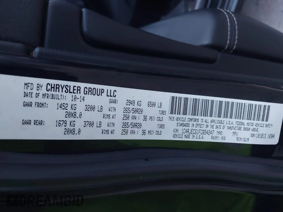 2015 Jeep Grand Cherokee High Altitude with VIN 1C4RJECG1FC654247, listed as a IAAI auction lot 41897014 with 204,630 mi miles. Bid and sale history available at carsss.com. Image 9.