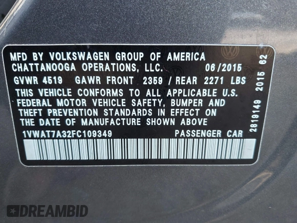 2015 Volkswagen Passat Limited Edition with VIN 1VWAT7A32FC109349, listed as a IAAI auction lot 42095997 with 125,392 mi miles and . Bid and sale history available at DreamBid. Image 9.