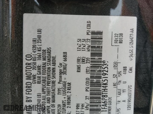 2019 Ford Mustang EcoBoost with VIN 1FA6P8TH4K5192539, listed as a Copart auction lot 47582415 with 76,555 mi miles and Salvage title. Bid and sale history available at DreamBid. Image 12.