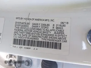 2018 Honda Accord Sedan Sport 1.5T with VIN 1HGCV1F3XJA208003, listed as a IAAI auction lot 41924147 with 161,254 mi miles. Bid and sale history available at carsss.com. Image 9.