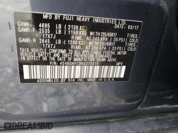 2017 Subaru Outback Premium with VIN 4S4BSAFC0H3375015, listed as a Copart auction lot 52684265 with 51,014 mi miles and Salvage Title. Bid and sale history available at DreamBid. Image 14.