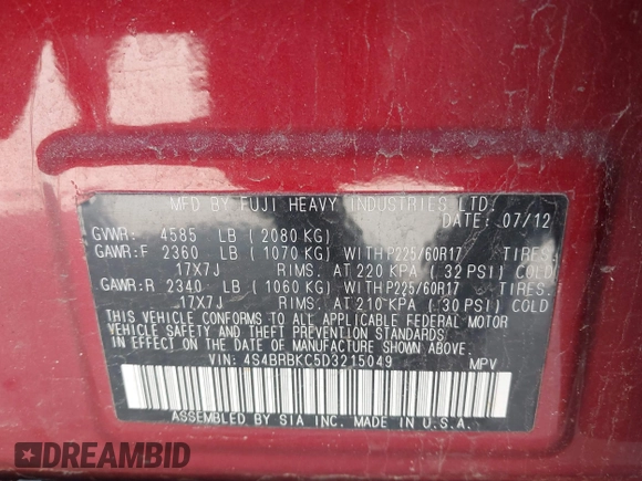 2013 Subaru Outback Limited with VIN 4S4BRBKC5D3215049, listed as a IAAI auction lot 42514115 with 179,286 mi miles and . Bid and sale history available at DreamBid. Image 9.