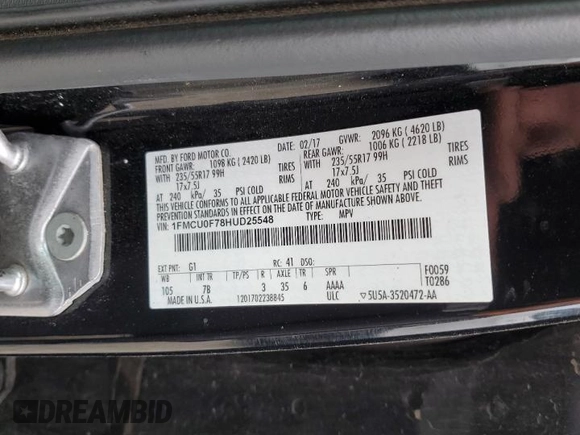 2017 Ford Escape S z VIN 1FMCU0F78HUD25548, wystawiony jako Copart lot #55163695 z przebiegiem 112 965 mil mil oraz Szkoda całkowita • Salvage title. Historia ofert i sprzedaży dostępna na DreamBid. Obrazek 13.