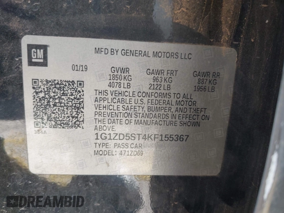 2019 Chevrolet Malibu LT with VIN 1G1ZD5ST4KF155367, listed as a IAAI auction lot 42034993 with 204,599 mi miles and . Bid and sale history available at DreamBid. Image 9.