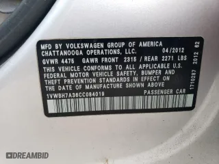 2012 Volkswagen Passat SE with VIN 1VWBH7A36CC084019, listed as a Copart auction lot 61817433 with 0 mi miles and Salvage Title. Bid and sale history available at carsss.com. Image 12.