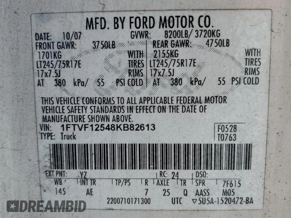 2008 Ford F-150 XL with VIN 1FTVF12548KB82613, listed as a Copart auction lot 44939455 with 281,353 mi miles and Salvage title. Bid and sale history available at DreamBid. Image 12.