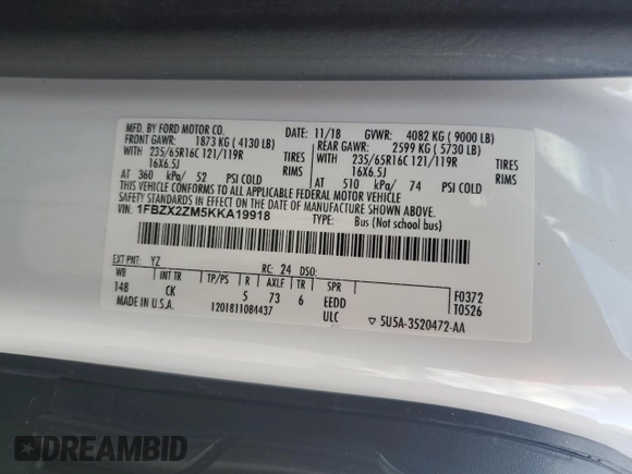 2019 Ford Transit Passenger XL with VIN 1FBZX2ZM5KKA19918, listed as a Copart auction lot 70586224 with 159,922 mi miles and Salvage Title. Bid and sale history available at carsss.com. Image 14.
