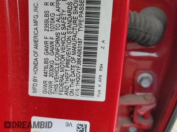 2019 Honda Accord Sport with VIN 1HGCV1F38KA063187, listed as a Copart auction lot 51850505 with 110,558 mi miles and Salvage Title. Bid and sale history available at DreamBid. Image 12.