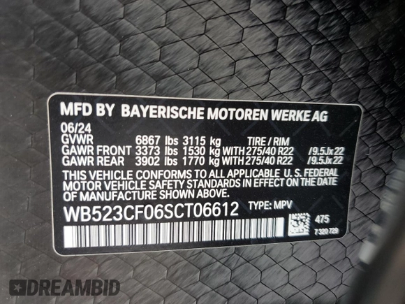 2025 BMW iX xDrive50 z VIN WB523CF06SCT06612, wystawiony jako Copart lot #47318365 z przebiegiem 2 297 mil mil oraz Szkoda całkowita • Salvage title. Historia ofert i sprzedaży dostępna na DreamBid. Obrazek 16.