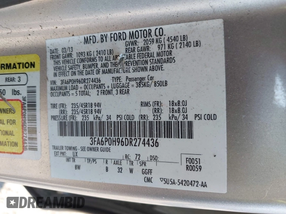 2013 Ford Fusion SE with VIN 3FA6P0H96DR274436, listed as a IAAI auction lot 42602958 with 239,224 mi miles and . Bid and sale history available at DreamBid. Image 9.