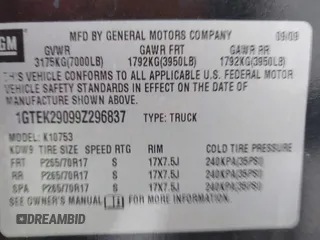 2009 GMC Sierra 1500 SLE with VIN 1GTEK29099Z296837, listed as a IAAI auction lot 41604029 with 198,881 mi miles and . Bid and sale history available at DreamBid. Image 9.