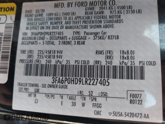 2020 Ford Fusion SE with VIN 3FA6P0HD9LR227405, listed as a IAAI auction lot 41724391 with 51,575 mi miles. Bid and sale history available at carsss.com. Image 9.