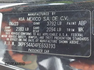 2023 Kia Forte GT-Line with VIN 3KPF54AD4PE653193, listed as a IAAI auction lot 41967355 with 74,060 mi miles. Bid and sale history available at carsss.com. Image 9.