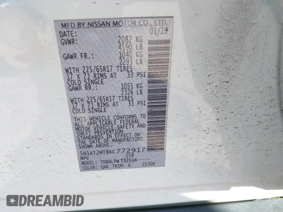 2019 Nissan Rogue SL with VIN 5N1AT2MT8KC772917, listed as a IAAI auction lot 41641200 with 102,239 mi miles and . Bid and sale history available at DreamBid. Image 9.