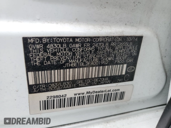 2015 Lexus GS 350 with VIN JTHBE1BL2FA001952, listed as a Copart auction lot 60040415 with 157,586 mi miles and Salvage title. Bid and sale history available at DreamBid. Image 12.