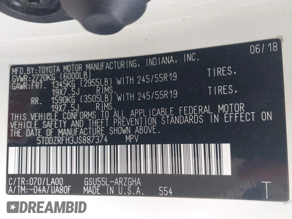 2018 Toyota Highlander Limited with VIN 5TDDZRFH3JS887374, listed as a IAAI auction lot 42363370 with 128,601 mi miles and . Bid and sale history available at DreamBid. Image 9.