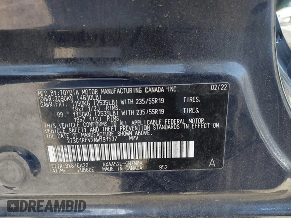 2022 Toyota RAV4 XLE Premium with VIN 2T3C1RFV2NW191537, listed as a IAAI auction lot 42245715 with 72,307 mi miles and . Bid and sale history available at DreamBid. Image 9.