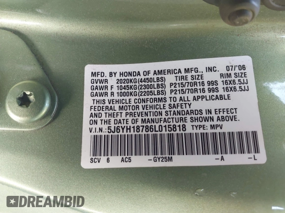 2006 Honda Element EX-P with VIN 5J6YH18786L015818, listed as a IAAI auction lot 41823259 with 165,802 mi miles and . Bid and sale history available at DreamBid. Image 9.