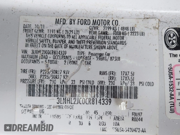 2012 Lincoln MKZ with VIN 3LNHL2JC0CR814339, listed as a IAAI auction lot 42346806 with 127,943 mi miles and . Bid and sale history available at DreamBid. Image 9.