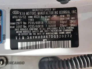 2013 Kia Sorento EX с VIN 5XYKU3A67DG320272, выставлен на аукционе Copart как лот 59878535 с пробегом 118 487 миль миль и Списание • Salvage title. История ставок и продаж доступна на DreamBid. Изображение 12.