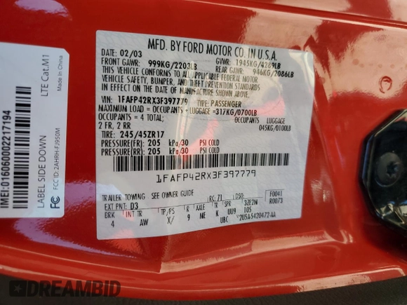 2003 Ford Mustang Premium Mach 1 with VIN 1FAFP42RX3F397779, listed as a Copart auction lot 61989145 with 99,824 mi miles and Salvage title. Bid and sale history available at DreamBid. Image 12.