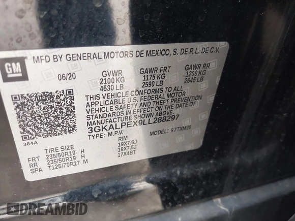 2020 GMC Terrain SLT with VIN 3GKALPEX9LL288297, listed as a IAAI auction lot 41553111 with 54,034 mi miles and . Bid and sale history available at DreamBid. Image 9.