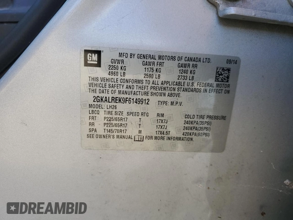2015 GMC Terrain SLE with VIN 2GKALREK9F6149912, listed as a Copart auction lot 55735685 with 170,725 mi miles and Clean title. Bid and sale history available at DreamBid. Image 13.