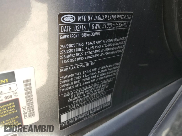 2016 Land Rover Range Rover Sport Dynamic with VIN SALWR2EF0GA581747, listed as a Copart auction lot 52341275 with Not Provided miles and Salvage Title. Bid and sale history available at DreamBid. Image 14.