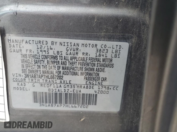2017 Nissan Sentra S with VIN 3N1AB7AP7HL667202, listed as a Copart auction lot 61413165 with 155,982 mi miles and Clean title. Bid and sale history available at DreamBid. Image 12.