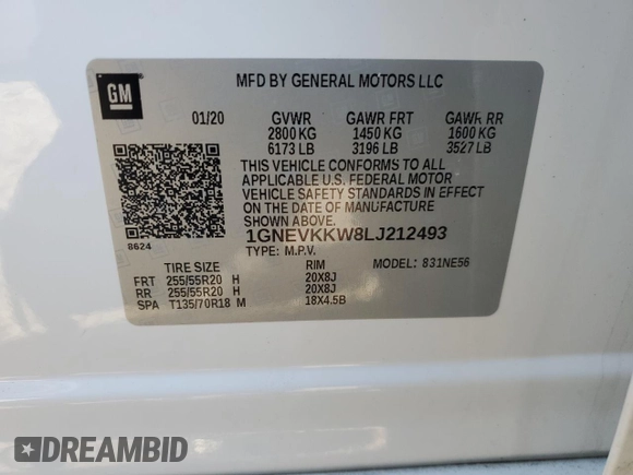 2020 Chevrolet Traverse Premier with VIN 1GNEVKKW8LJ212493, listed as a Copart auction lot 85914424 with 44,383 mi miles and Salvage Title. Bid and sale history available at carsss.com. Image 13.