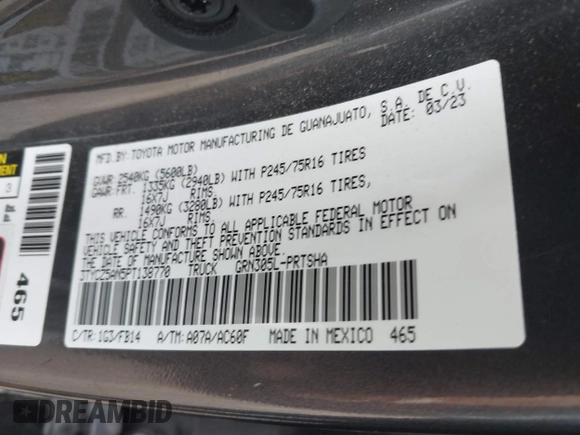 2023 Toyota Tacoma SR with VIN 3TYCZ5AN5PT138770, listed as a IAAI auction lot 41461423 with 19,785 mi miles and . Bid and sale history available at DreamBid. Image 9.