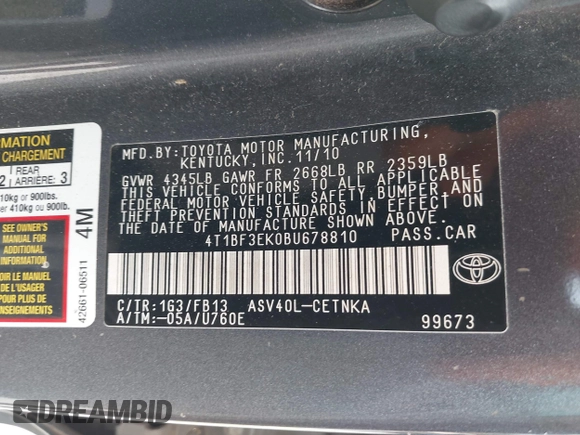 2011 Toyota Camry LE z VIN 4T1BF3EK0BU678810, wystawiony jako IAAI lot #42389108 z przebiegiem 240 908 mil mil oraz . Historia ofert i sprzedaży dostępna na DreamBid. Obrazek 9.