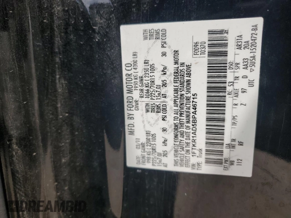 2011 Ford Ranger XL with VIN 1FTKR1AD5BPA46715, listed as a Copart auction lot 58493065 with 177,515 mi miles and Salvage title. Bid and sale history available at DreamBid. Image 13.