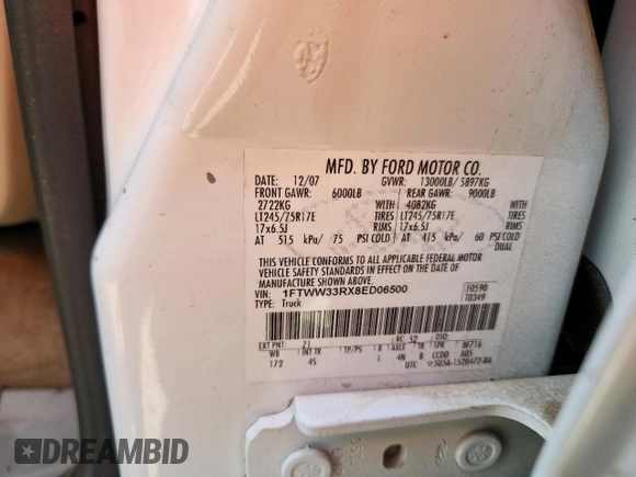 2008 Ford F-350 XL with VIN 1FTWW33RX8ED06500, listed as a Copart auction lot 64253995 with 180,425 mi miles and Clean title. Bid and sale history available at DreamBid. Image 12.