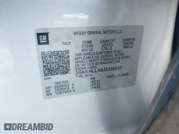 2018 GMC Acadia SLE with VIN 1GKKNLLA8JZ236610, listed as a IAAI auction lot 41359204 with 100,351 mi miles and . Bid and sale history available at DreamBid. Image 9.