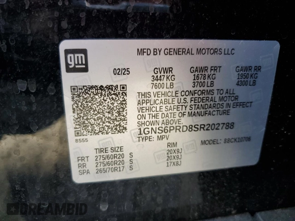 2025 Chevrolet Tahoe Z71 with VIN 1GNS6PRD8SR202788, listed as a Copart auction lot 63323005 with 14,824 mi miles and Clean title. Bid and sale history available at DreamBid. Image 14.