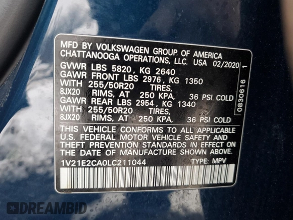 2020 Volkswagen Atlas SE with VIN 1V21E2CA0LC211044, listed as a Copart auction lot 44978495 with 87,117 mi miles and Salvage title. Bid and sale history available at DreamBid. Image 14.