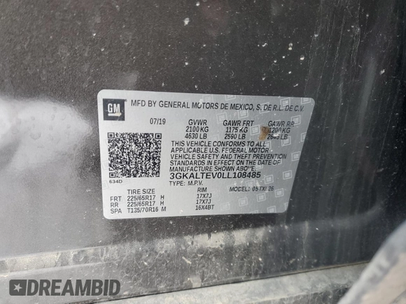 2020 GMC Terrain SLE with VIN 3GKALTEV0LL108485, listed as a Copart auction lot 87365434 with 48,819 mi miles and Non Repairable. Bid and sale history available at DreamBid. Image 13.