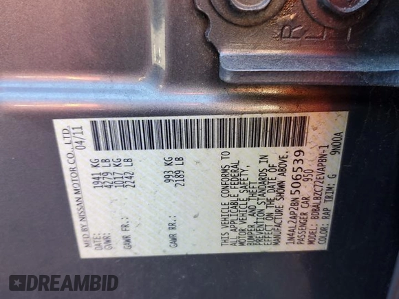 2011 Nissan Altima 2.5 S with VIN 1N4AL2AP2BN506539, listed as a Copart auction lot 46244255 with 136,703 mi miles and Salvage Title. Bid and sale history available at carsss.com. Image 12.