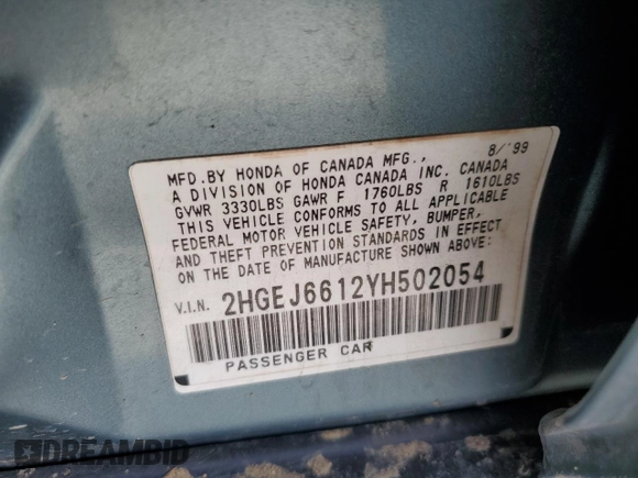 2000 Honda Civic VP with VIN 2HGEJ6612YH502054, listed as a Copart auction lot 53097445 with 171,322 mi miles and Salvage Title. Bid and sale history available at carsss.com. Image 12.