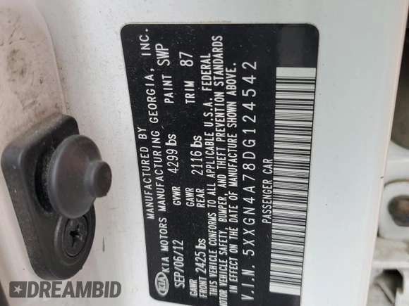 2013 Kia Optima EX with VIN 5XXGN4A78DG124542, listed as a Copart auction lot 59012495 with 167,908 mi miles and Salvage title. Bid and sale history available at DreamBid. Image 12.