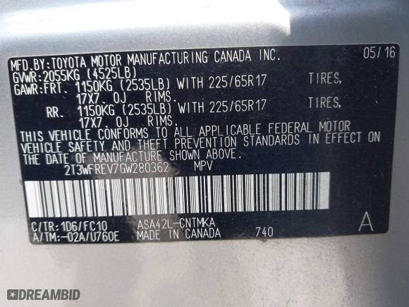 2016 Toyota RAV4 XLE with VIN 2T3WFREV7GW280362, listed as a IAAI auction lot 42023972 with 160,651 mi miles. Bid and sale history available at carsss.com. Image 9.