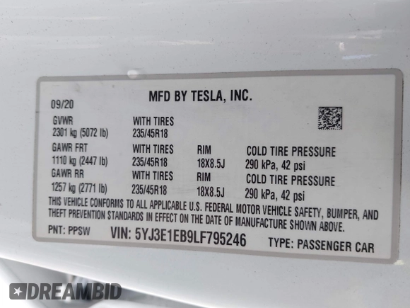 2020 Tesla Model 3 Long Range with VIN 5YJ3E1EB9LF795246, listed as a IAAI auction lot 41895750 with 163,061 mi miles and . Bid and sale history available at DreamBid. Image 9.