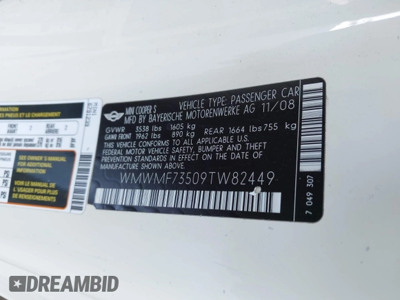 2009 MINI Hardtop S с VIN WMWMF73509TW82449, выставлен на аукционе IAAI как лот 42304286 с пробегом Не указан миль и . История ставок и продаж доступна на DreamBid. Изображение 9.