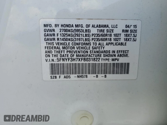 2015 Honda Pilot EX-L с VIN 5FNYF3H7XFB031822, выставлен на аукционе Copart как лот 60548845 с пробегом 144 353 миль миль и На запчасти • Non repairable. История ставок и продаж доступна на DreamBid. Изображение 13.