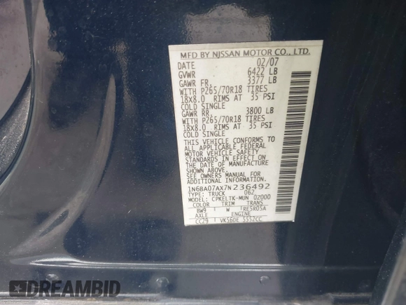 2007 Nissan Titan XE with VIN 1N6BA07AX7N236492, listed as a IAAI auction lot 41668602 with 205,028 mi miles. Bid and sale history available at carsss.com. Image 9.