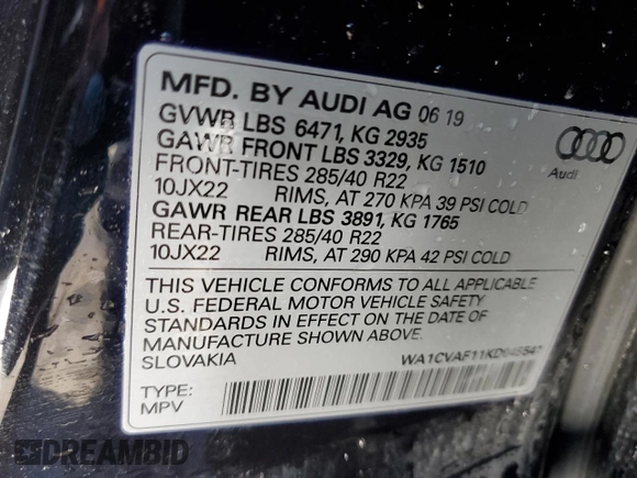 2019 Audi Q8 Prestige with VIN WA1CVAF11KD045541, listed as a Copart auction lot 87643435 with 62,807 mi miles and Salvage title. Bid and sale history available at DreamBid. Image 13.